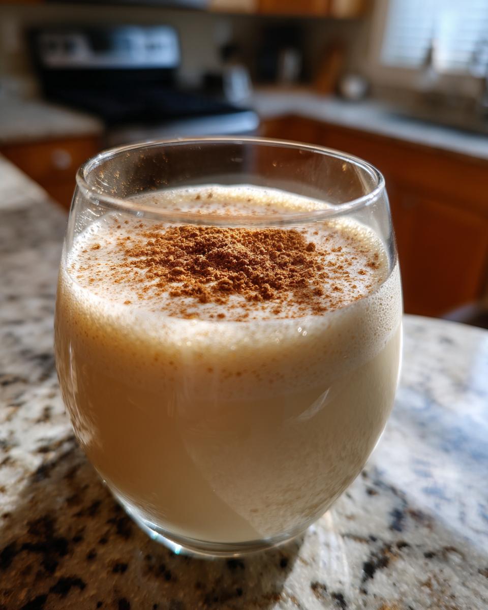 A close-up of creamy homemade eggnog in a glass, topped generously with ground cinnamon.