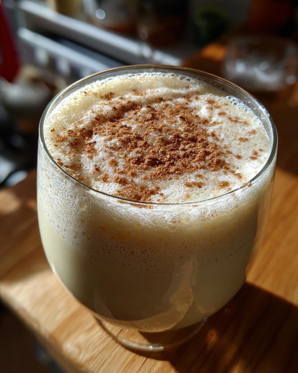 Close-up of a glass filled with creamy homemade eggnog, topped with thick foam and sprinkled with cinnamon.