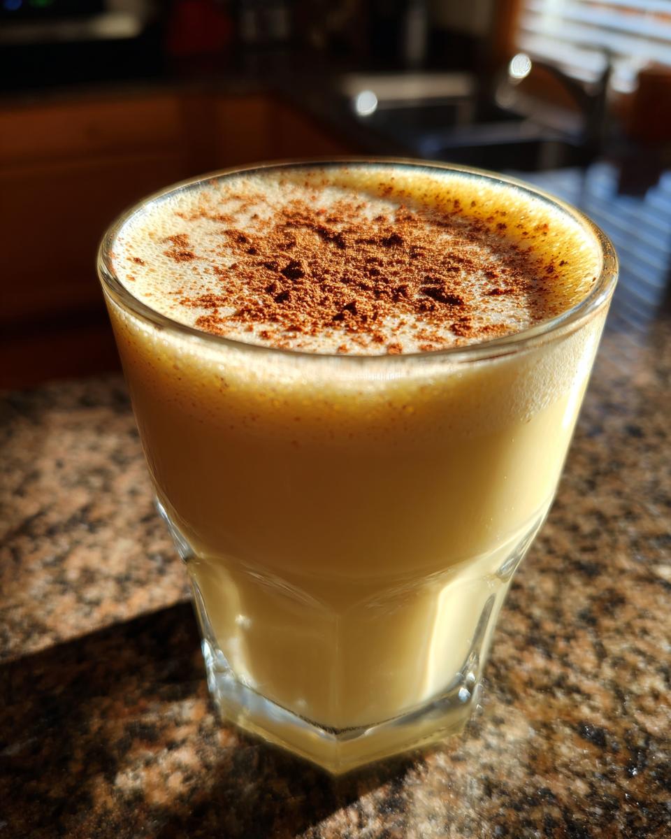 Close-up of a glass filled with creamy homemade eggnog, topped with a sprinkle of cinnamon.