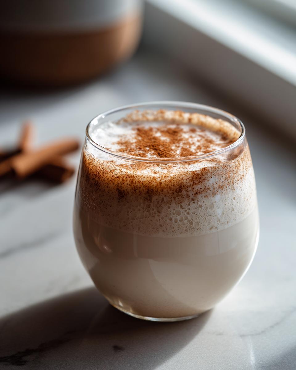 A glass of creamy, light-colored coquito topped with a generous dusting of cinnamon powder.