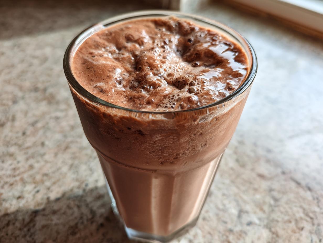 Close-up of a frothy, blended glass of frozen hot chocolate sitting on a speckled countertop.