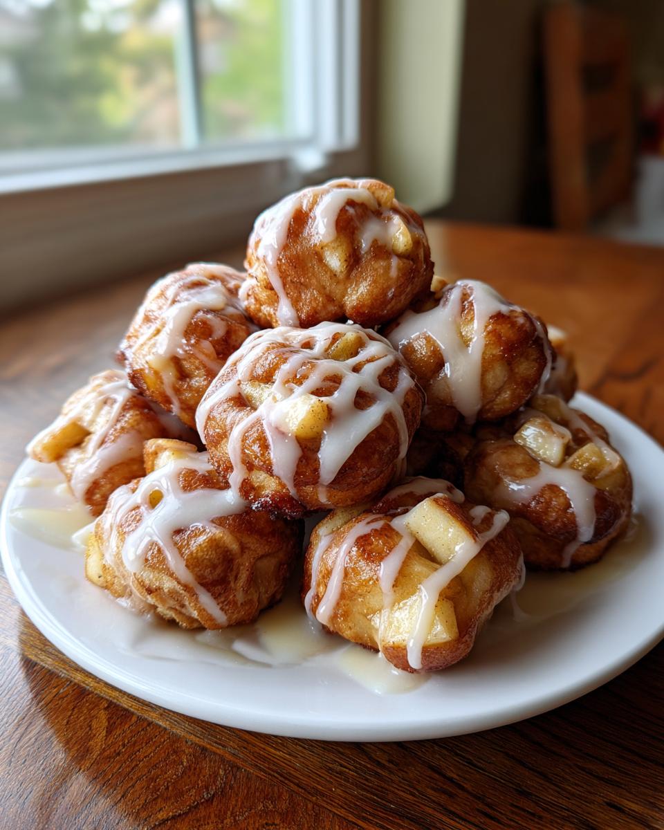 A stack of golden brown apple fritter bites drizzled with white glaze, sitting on a white plate.