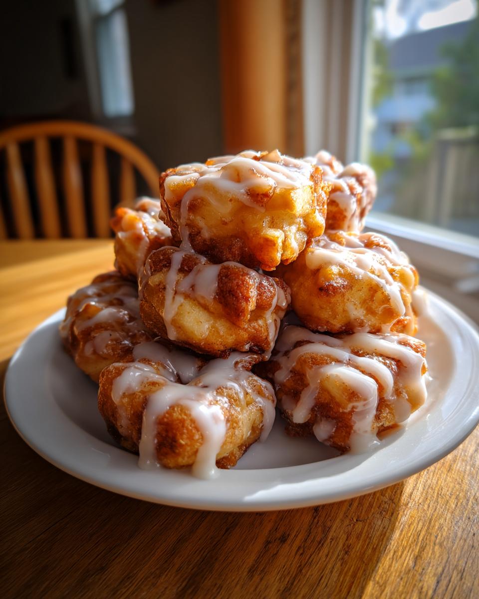 A stack of golden brown apple fritter bites drizzled with white icing, sitting on a white plate.