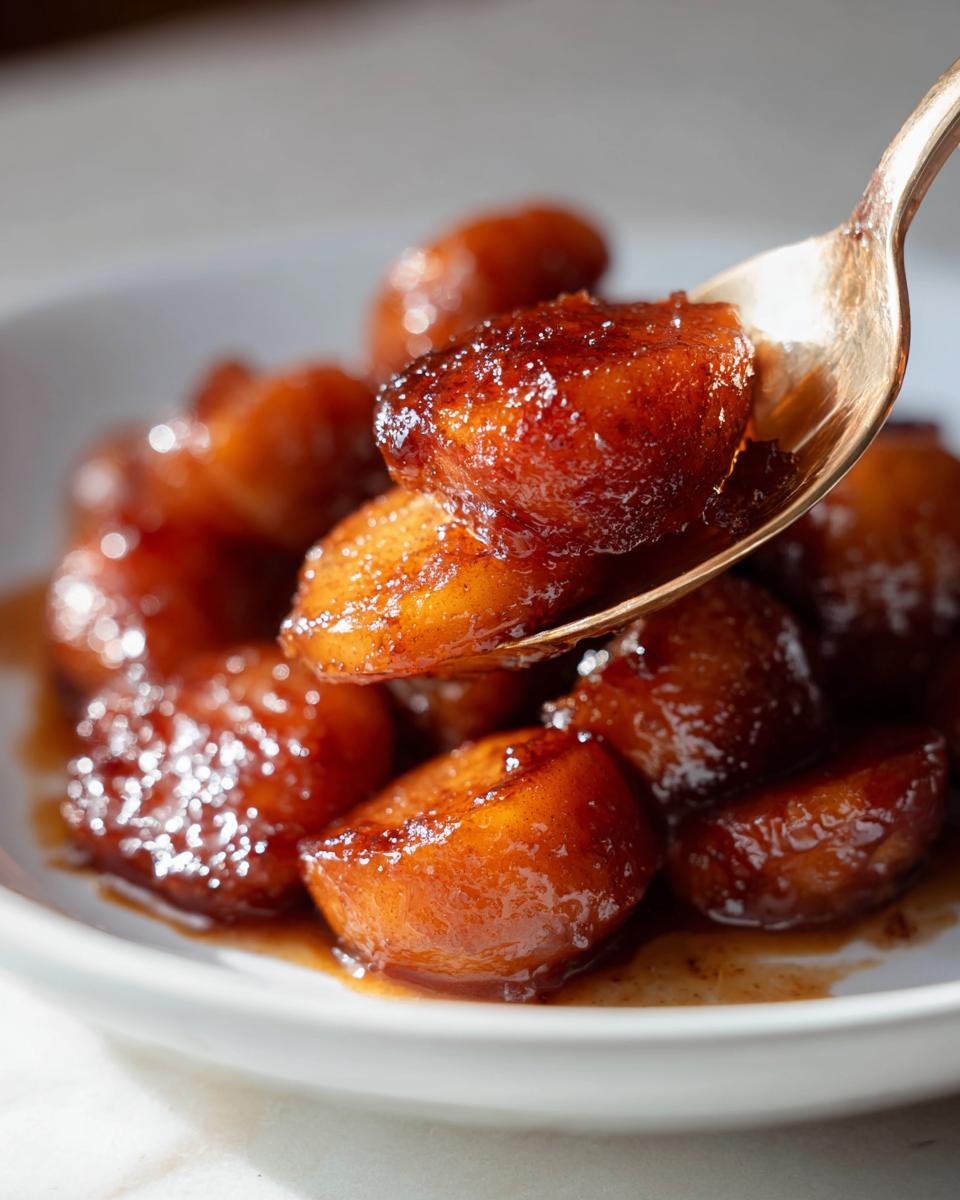 Close-up of caramelized apple slices being lifted on a spoon from a bowl of rich apple pie filling recipe.