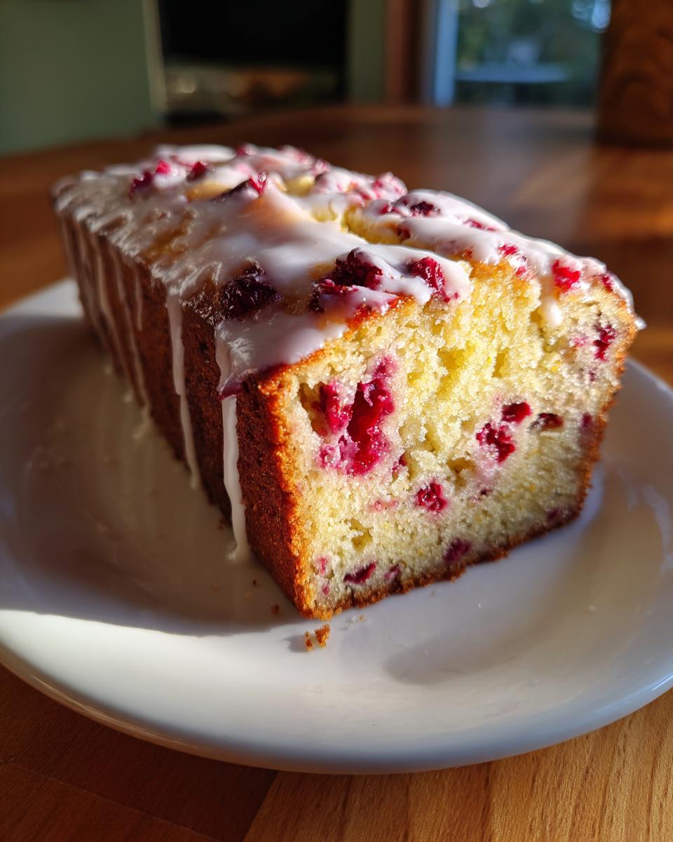 A loaf of freshly baked cranberry orange bread topped with white citrus glaze, sitting on a white plate.