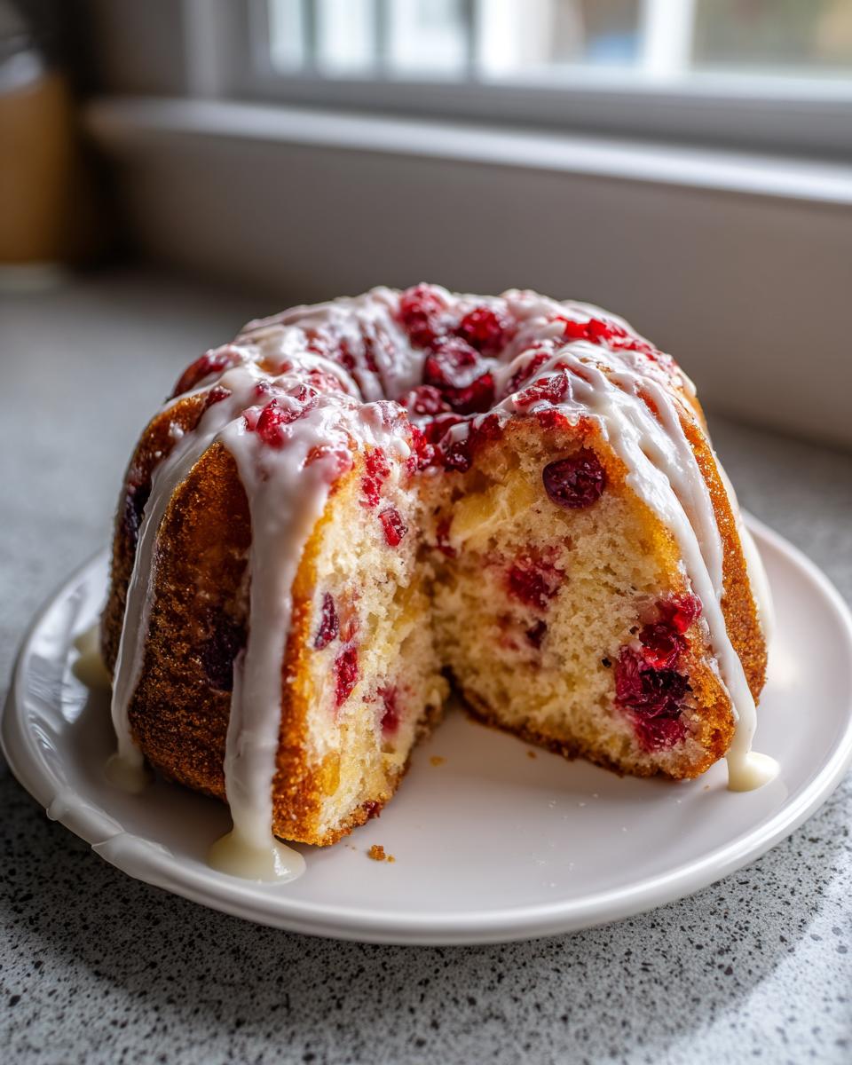 A moist cranberry orange cake, drizzled with white glaze, with a slice cut out showing the interior.