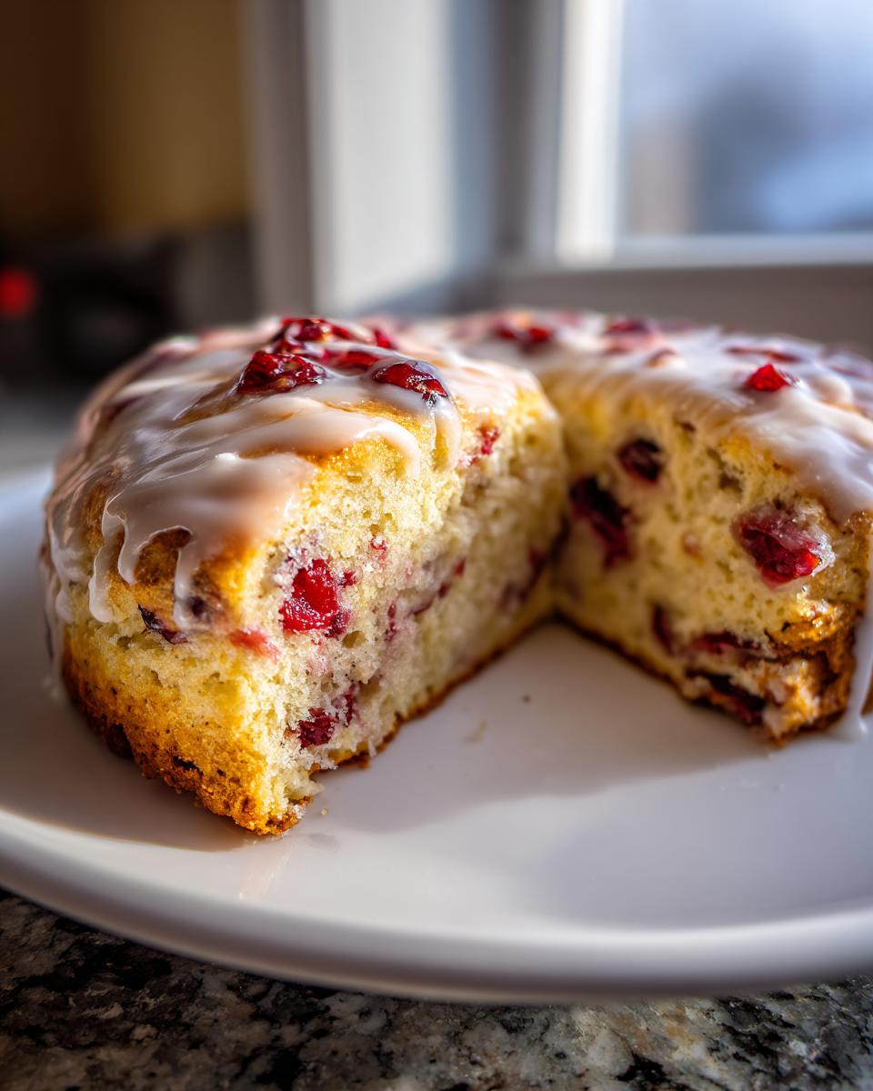 Close-up of a round cranberry orange scones loaf, glazed and cut to show the moist interior filled with cranberries.