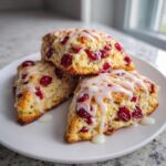 Three freshly baked cranberry scones stacked on a white plate, drizzled heavily with white vanilla glaze.
