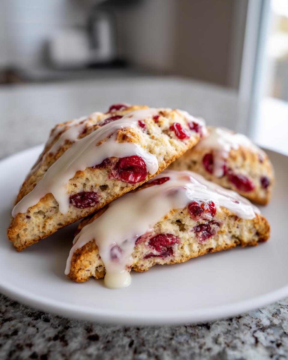 Three freshly baked cranberry scones topped with a thick white glaze, served on a white plate.