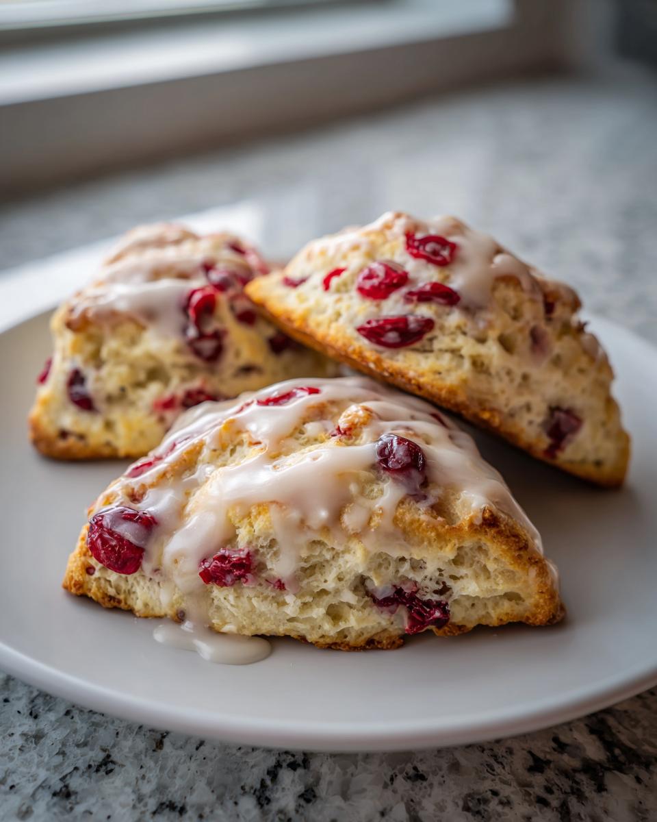 Three freshly baked cranberry scones topped with white glaze, resting on a light gray plate.