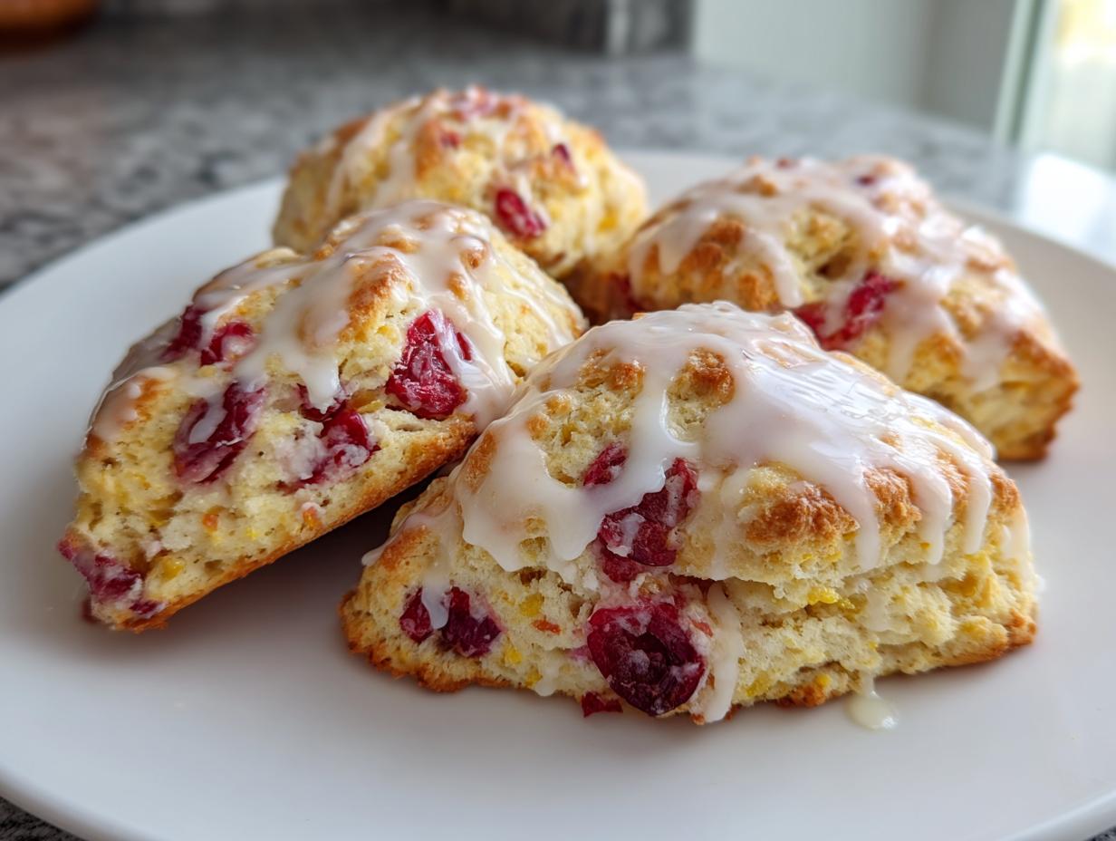 Four freshly baked cranberry scones topped with a thick white glaze, resting on a white plate.