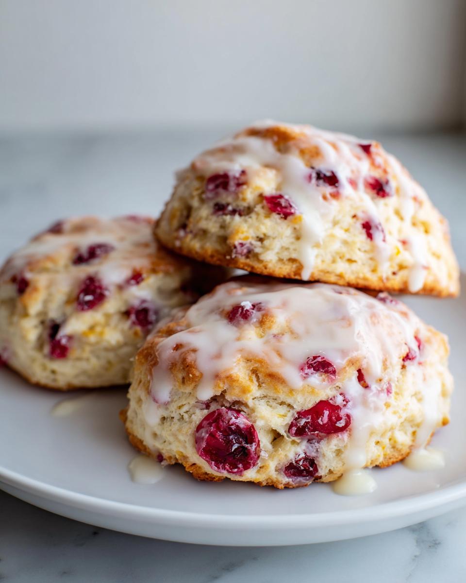 Three freshly baked cranberry scones stacked on a white plate, drizzled generously with white vanilla glaze.