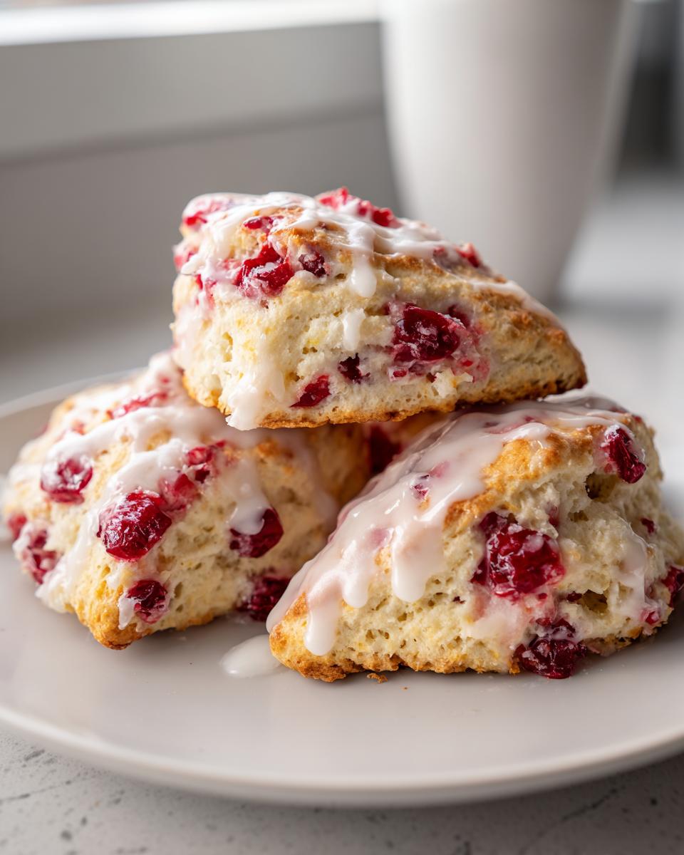 Three freshly baked cranberry scones, drizzled with white glaze, stacked on a light gray plate.