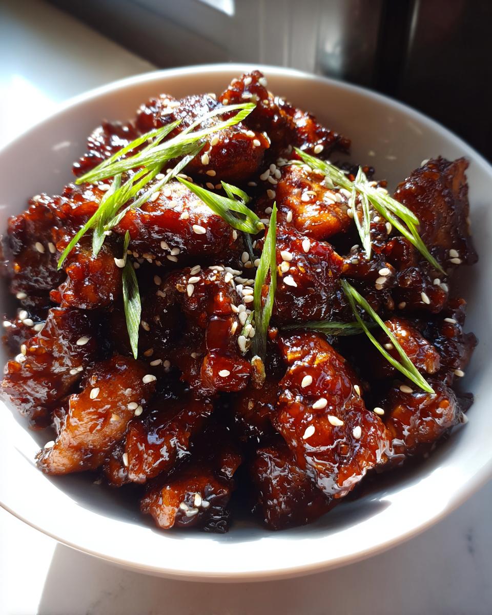 Close-up of sticky, glazed honey garlic chicken pieces topped with sesame seeds and sliced green onions.