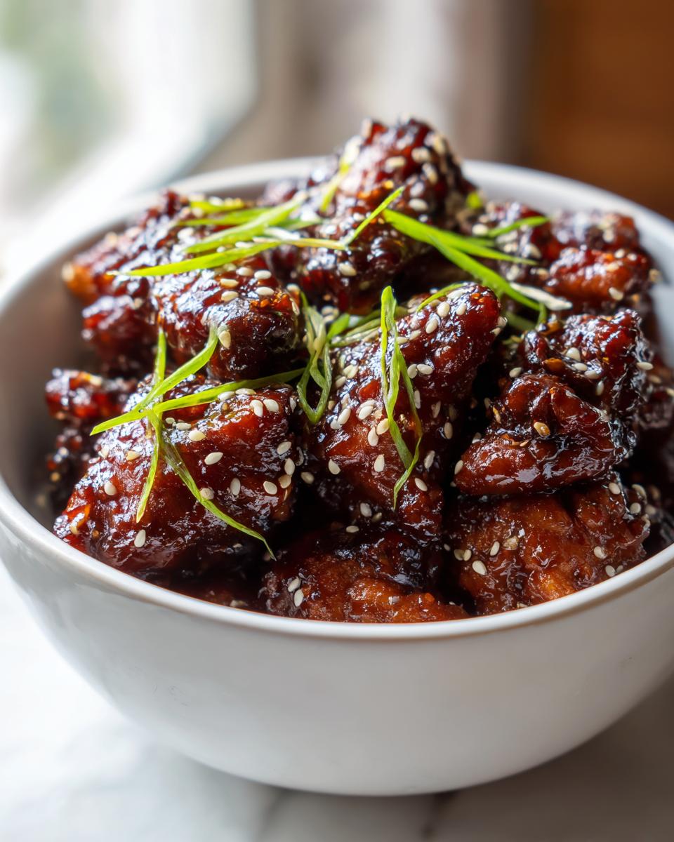 Close-up of sticky, glazed honey garlic chicken pieces topped with sesame seeds and green onions.