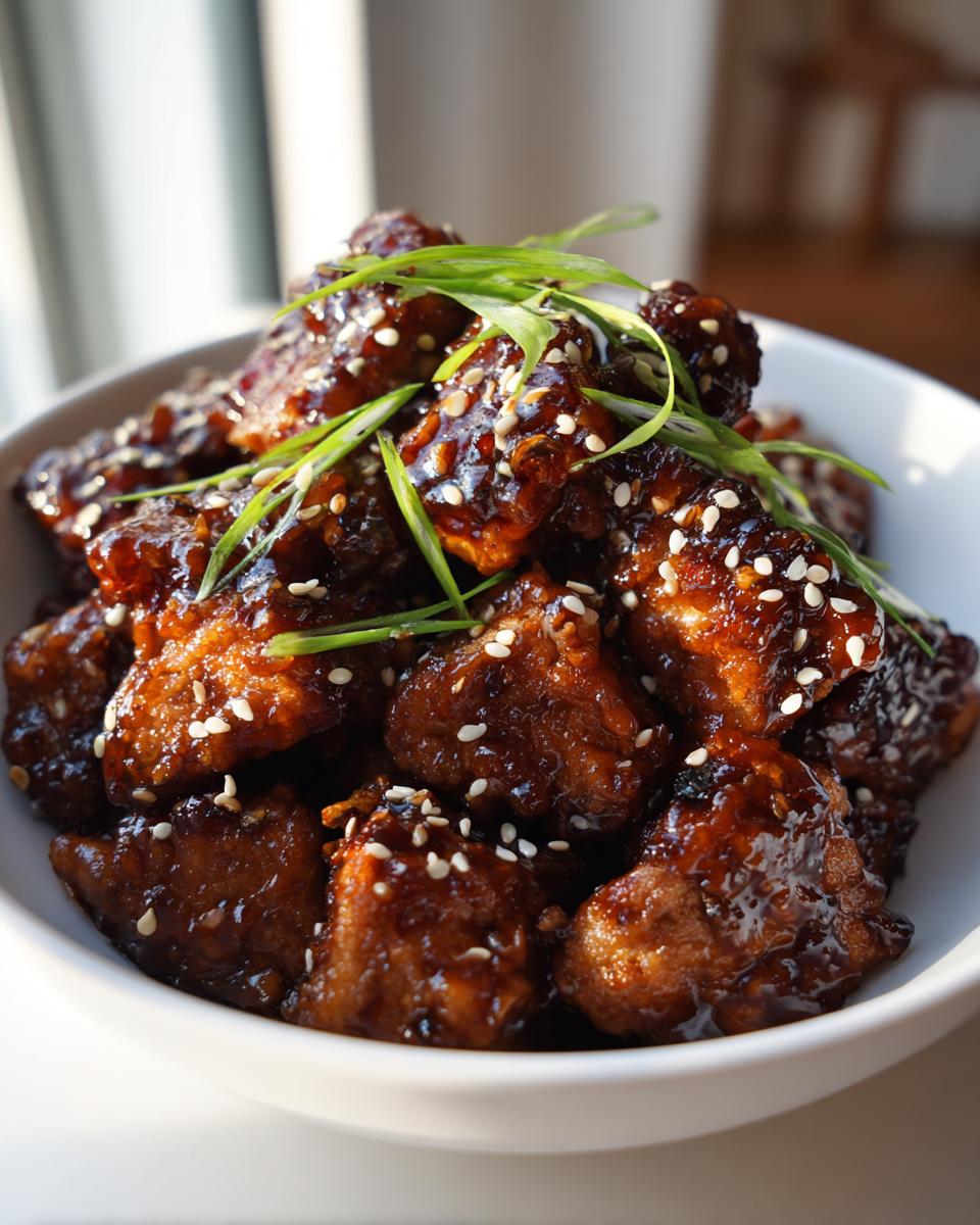 Close-up of crispy, glazed honey garlic chicken pieces topped with sesame seeds and green onions in a white bowl.