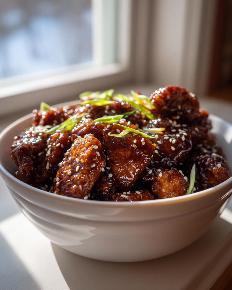 Close-up of glazed honey garlic chicken pieces topped with sesame seeds and green onions in a white bowl.