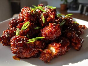 Close-up of sticky, dark red Korean fried chicken recipe pieces garnished with sesame seeds and green onions.