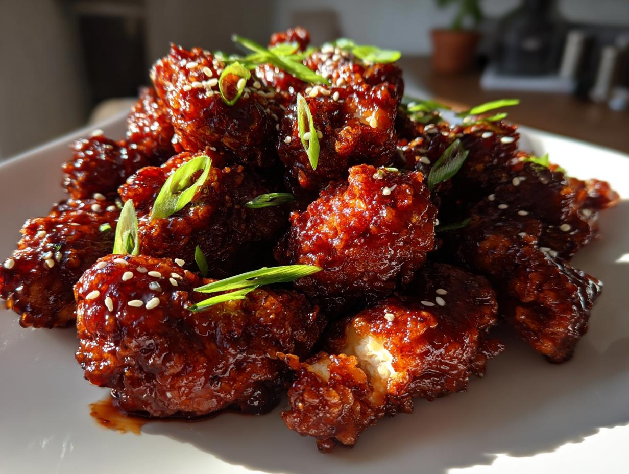 Close-up of sticky, dark red Korean fried chicken recipe pieces garnished with sesame seeds and green onions.
