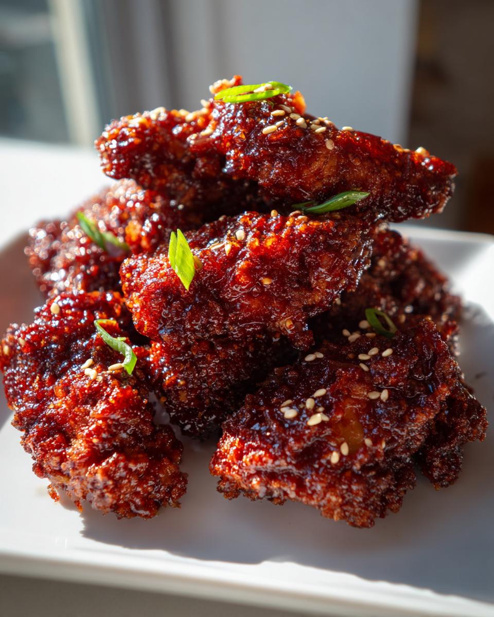 Close-up of crispy, glazed korean fried chicken recipe pieces stacked on a white plate, garnished with sesame seeds.