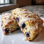 Two delicious lemon blueberry scones topped with a thick, dripping lemon glaze, showing fresh blueberries inside.