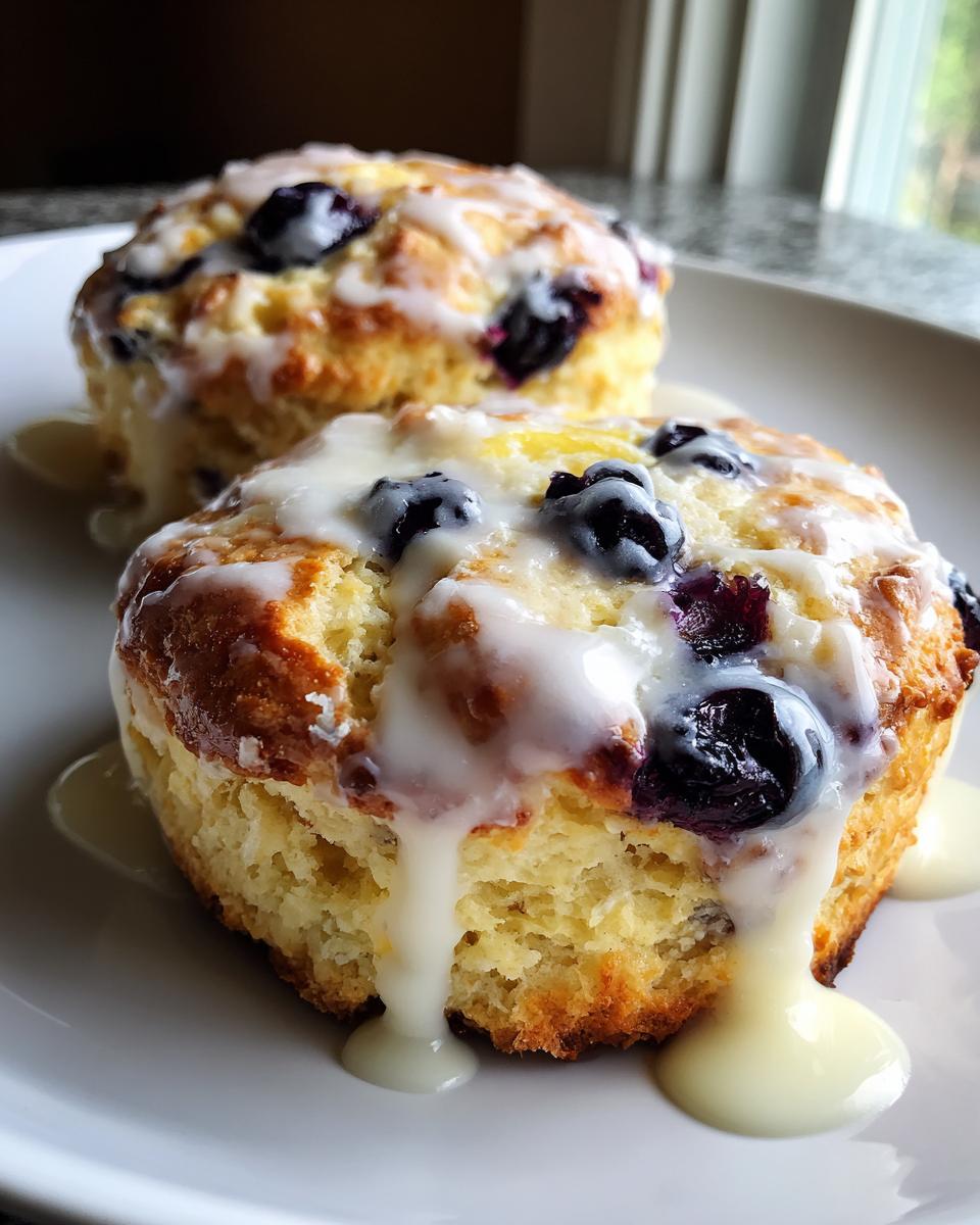Two freshly baked lemon blueberry scones topped with thick, dripping lemon glaze.
