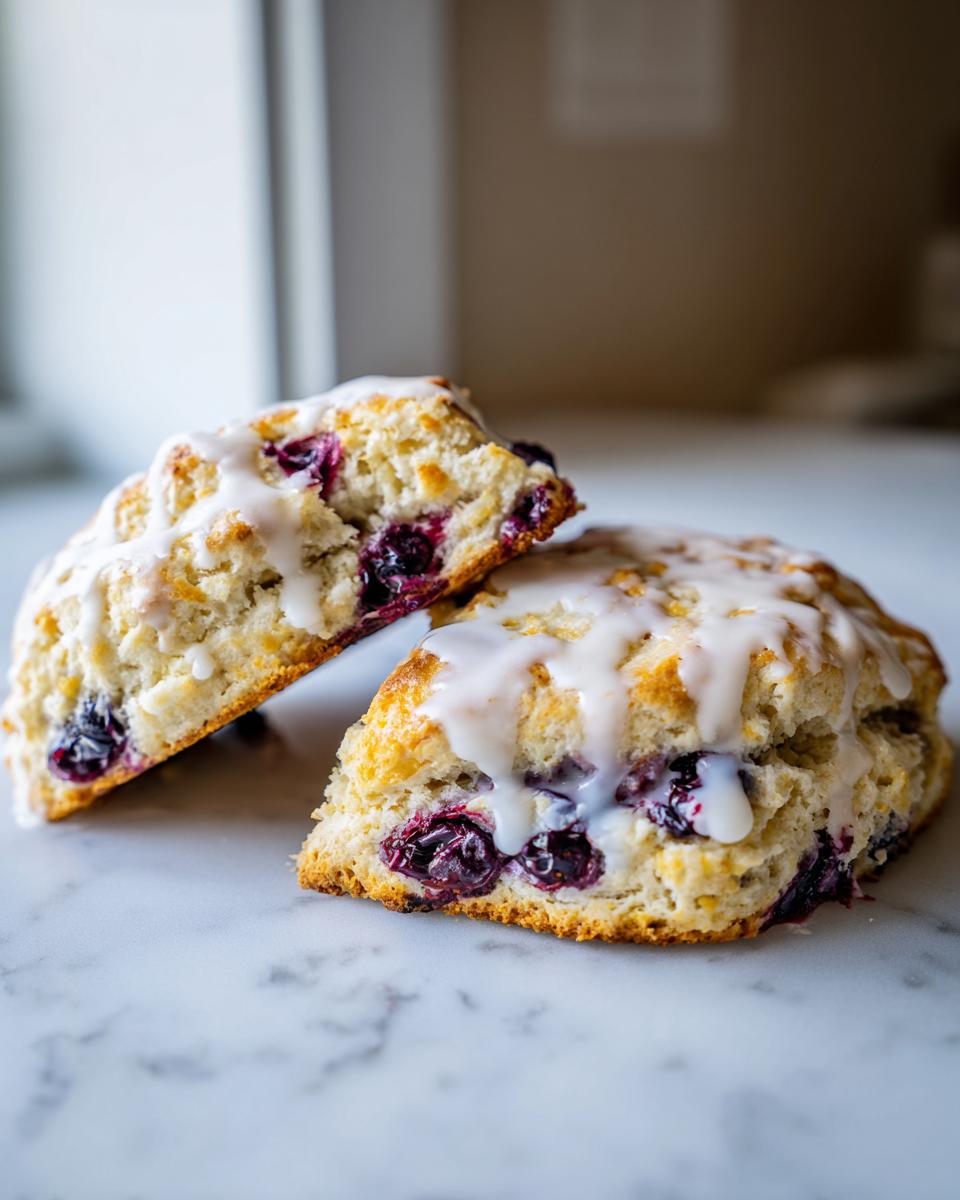 Close-up of two delicious lemon blueberry scones, split and drizzled with white lemon glaze, resting on a marble surface.