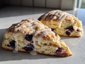 Two freshly baked lemon blueberry scones topped with a thick white glaze, highlighted by natural light.