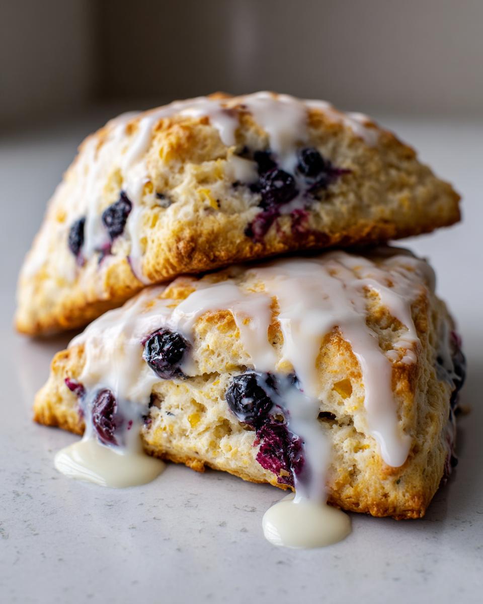 Two triangular lemon blueberry scones stacked, drizzled heavily with white glaze dripping down the sides.