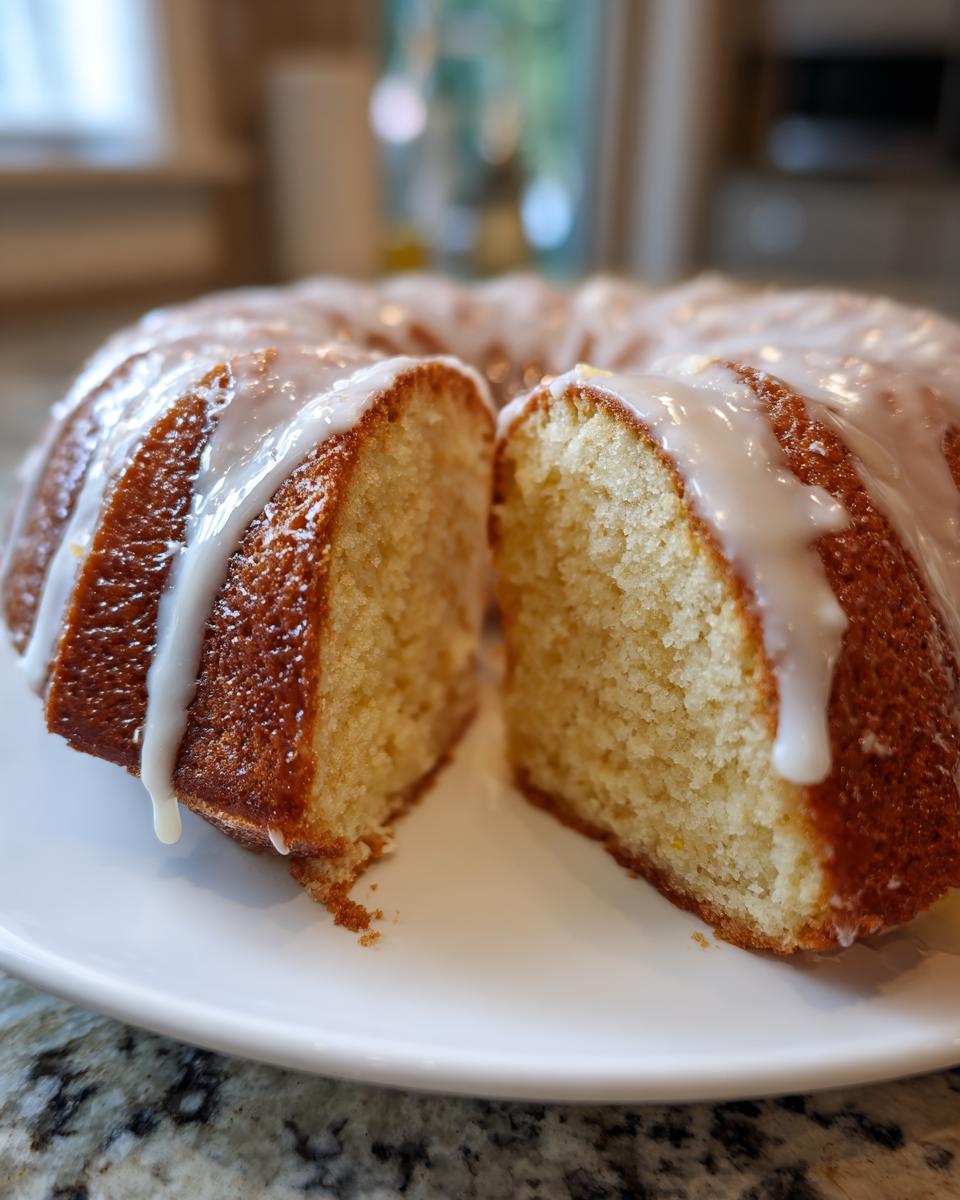 A close-up of a glazed lemon pound cake, sliced to show the moist interior texture.