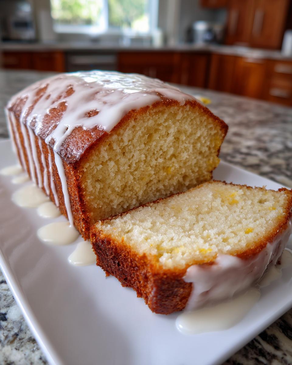 A loaf of moist lemon pound cake drizzled with white glaze, with one slice cut and resting beside it.