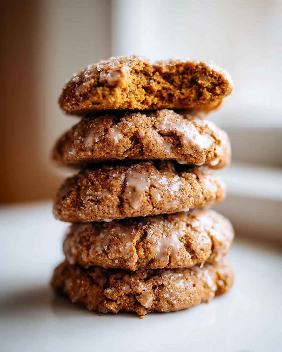 A stack of five soft, spiced persimmon cookies topped with a light glaze and sugar crystals. The top cookie has a bite missing.