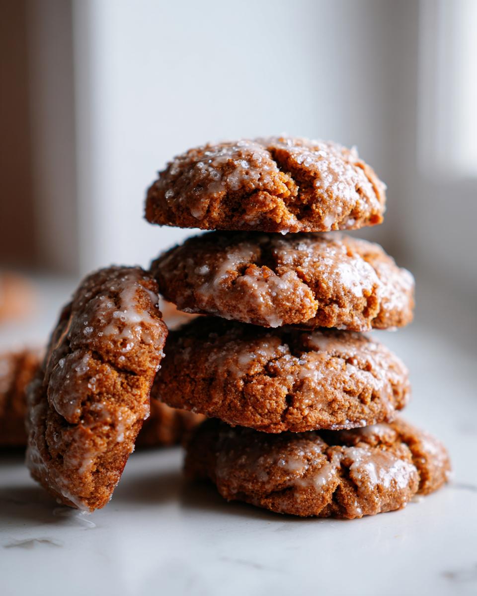 A stack of four soft, spiced persimmon cookies topped with a thin white glaze and coarse sugar.