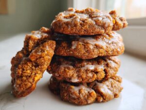 A stack of four moist, spiced persimmon cookies topped with a light vanilla glaze.