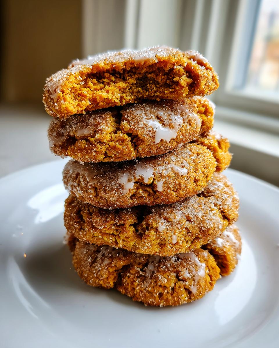 A stack of four soft, orange persimmon cookies, coated in sugar and drizzled with white glaze.