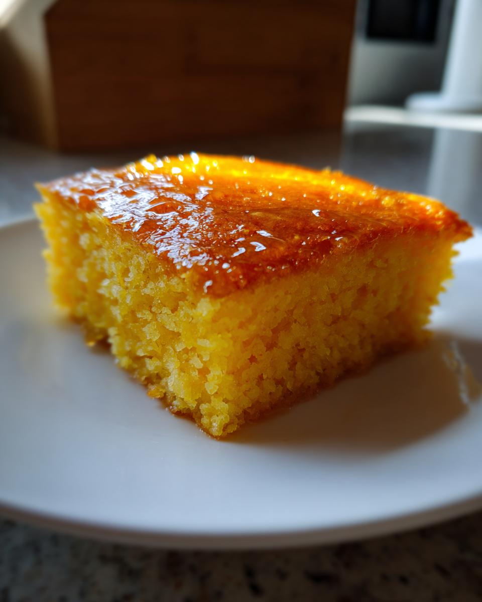 Close-up of a moist, bright orange slice of sweet potato cornbread topped with a shiny glaze.