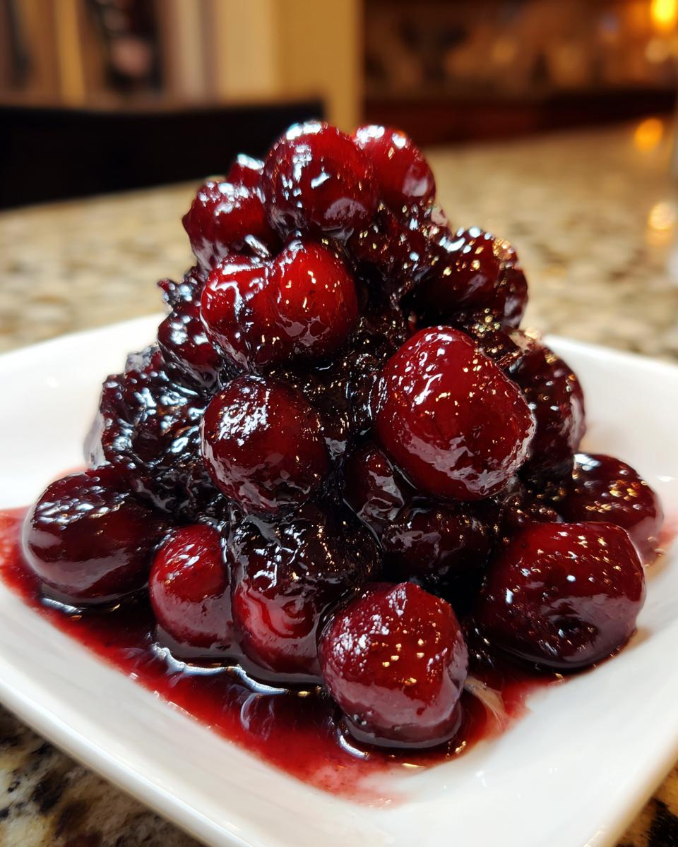 Close-up of glossy, deep red homemade cherry pie filling mounded on a white square dish.