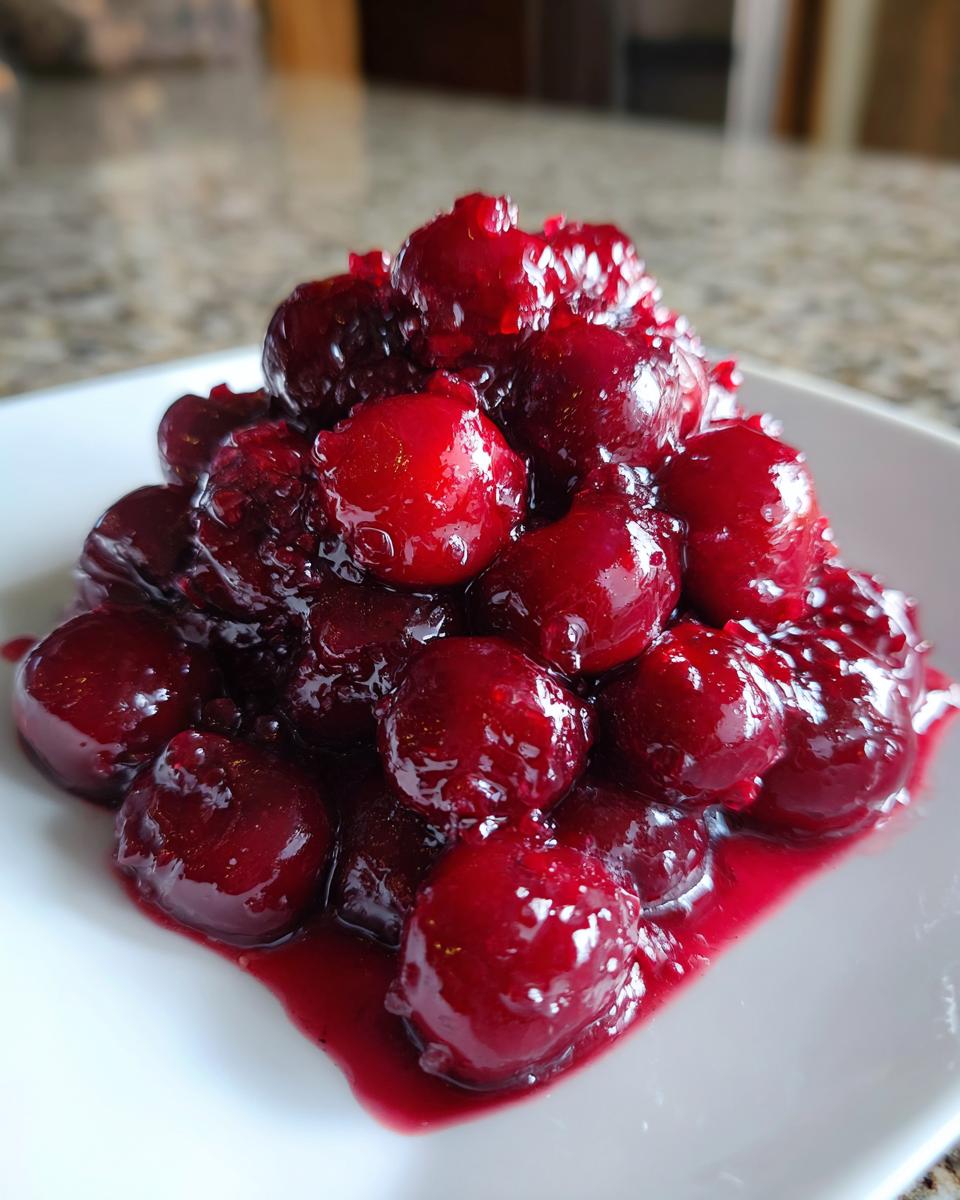 A mound of glossy, deep red cherry pie filling, featuring whole cherries in thick syrup, served on a white plate.