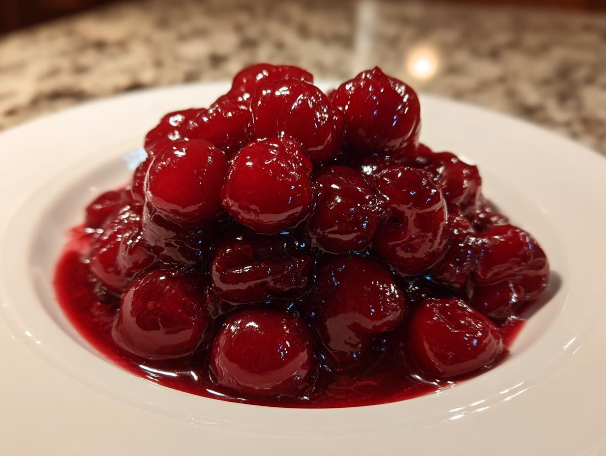 A close-up of glossy, whole cherries in thick, deep red sauce, showcasing perfect cherry pie filling.