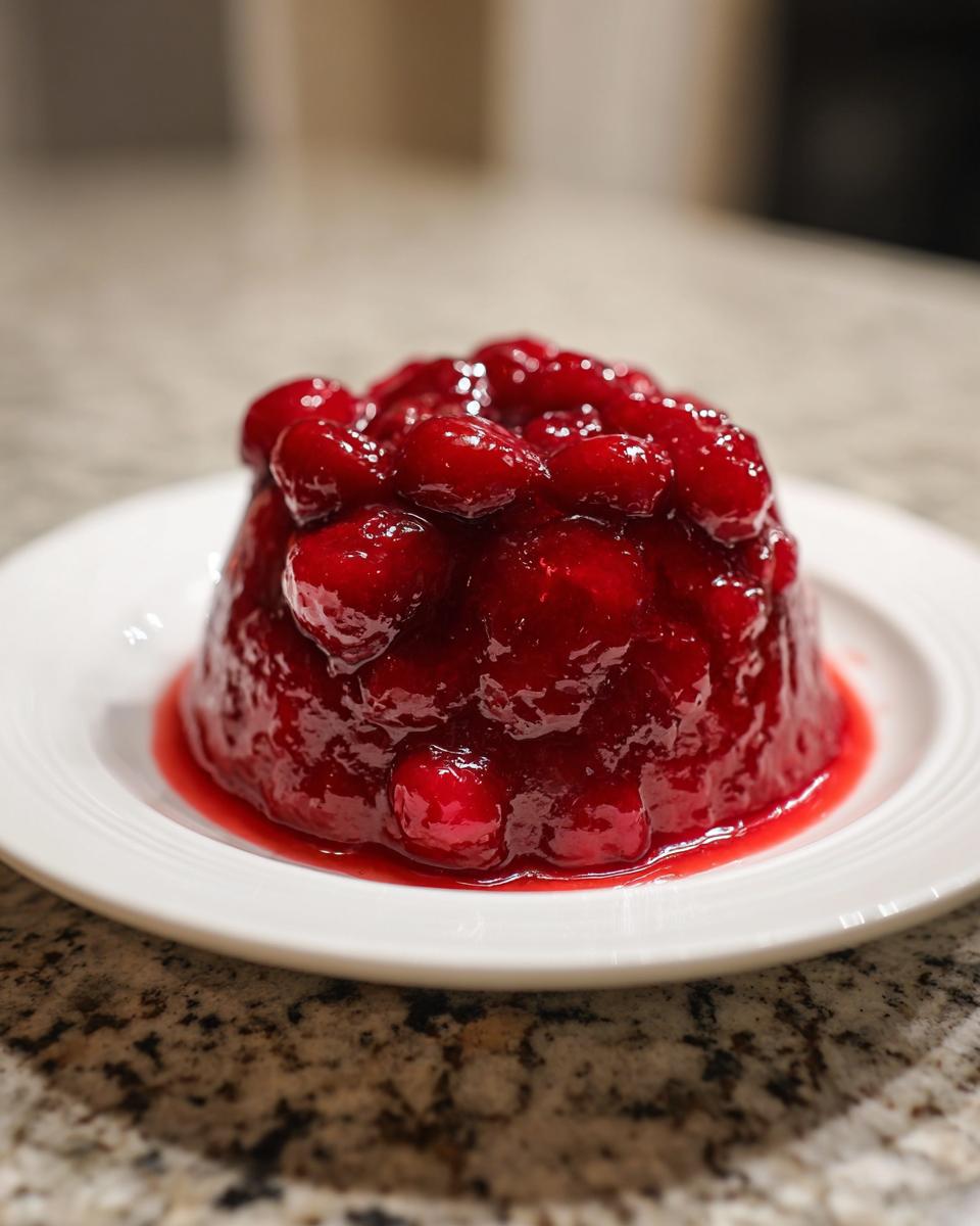 A mound of glossy, deep red cherry pie filling, containing whole cherries, set on a white plate.