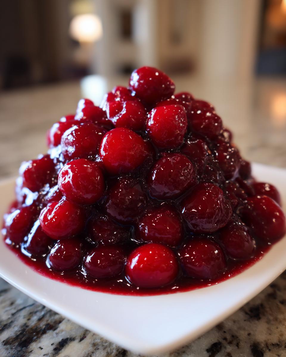 A mound of glossy, deep red homemade cherry pie filling served on a white square plate.