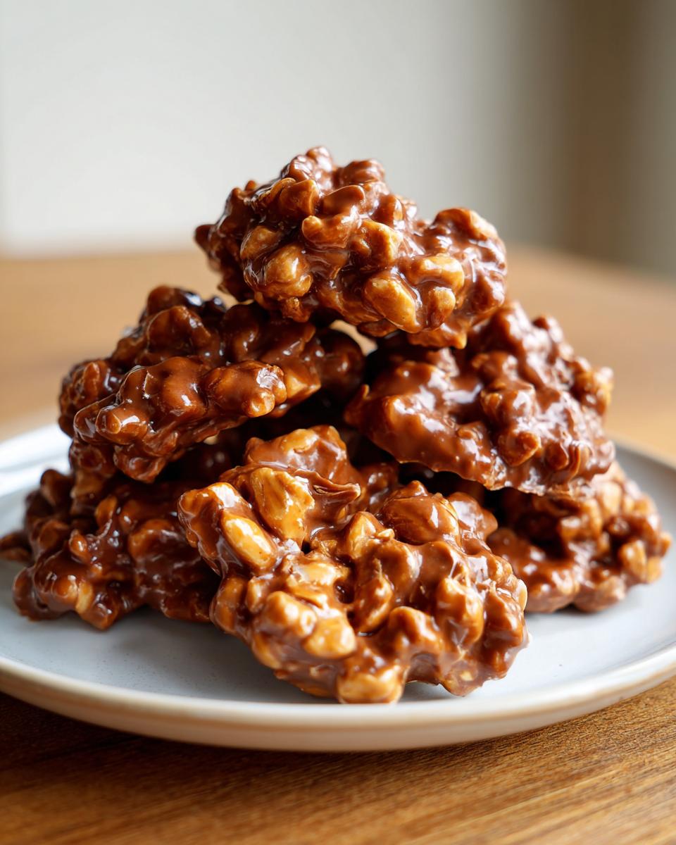 A stack of freshly made, glossy crockpot peanut clusters piled high on a light blue plate.