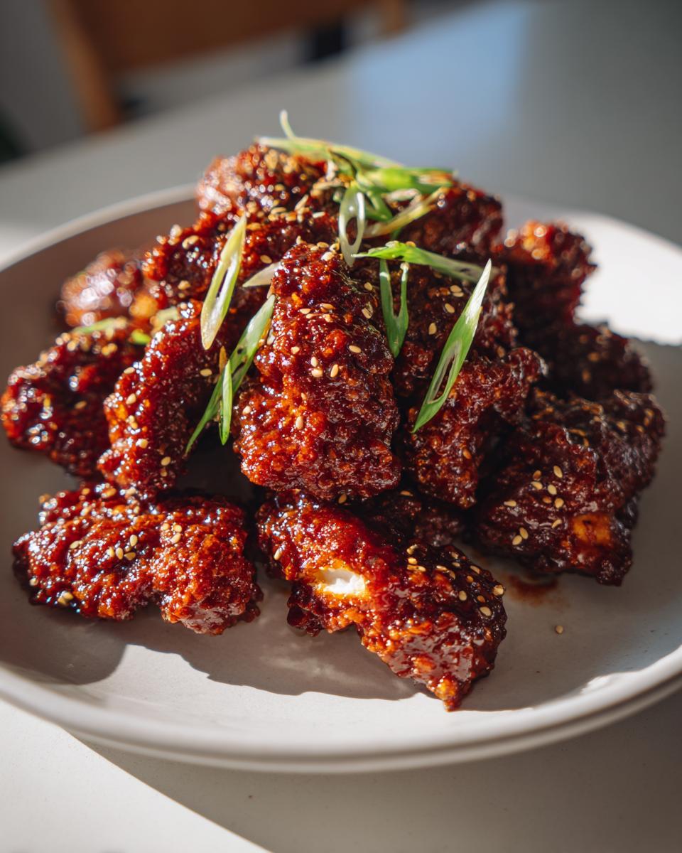 Close-up of crispy korean fried chicken recipe pieces coated in a glossy, dark red sauce and topped with sesame seeds and scallions.
