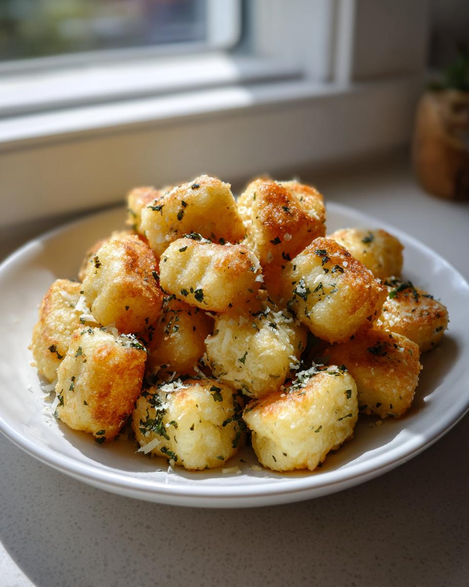 A white bowl filled with golden brown, crispy air fryer gnocchi topped with grated Parmesan cheese and chopped parsley.
