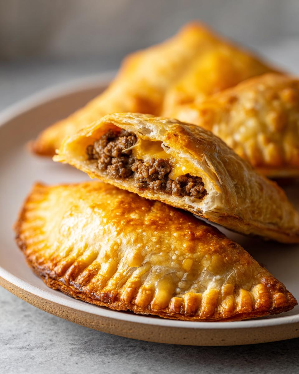 Close-up of golden baked cheesy pocket tacos, one cut in half revealing seasoned ground beef and melted cheese filling.