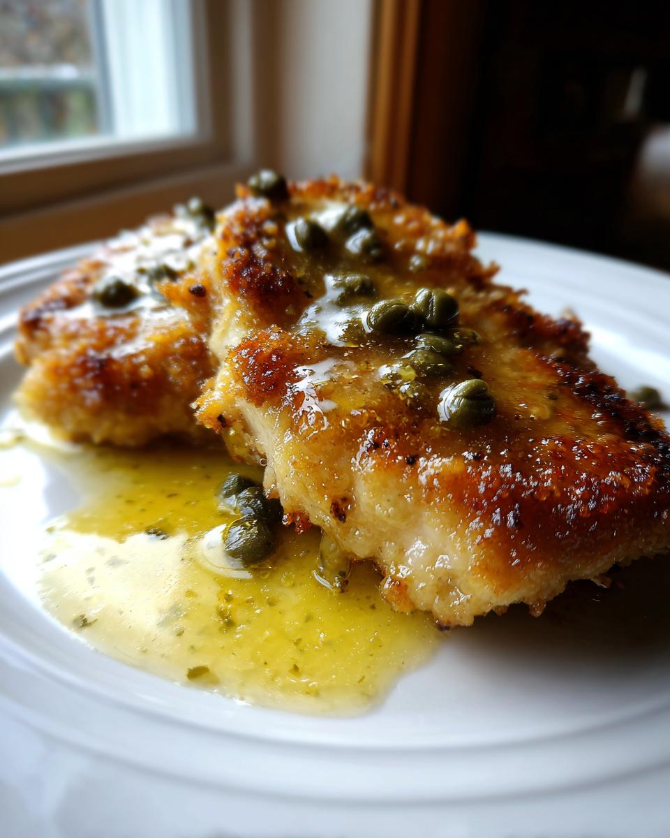 Close-up of two golden, pan-fried chicken piccata fillets topped with bright lemon sauce and capers.
