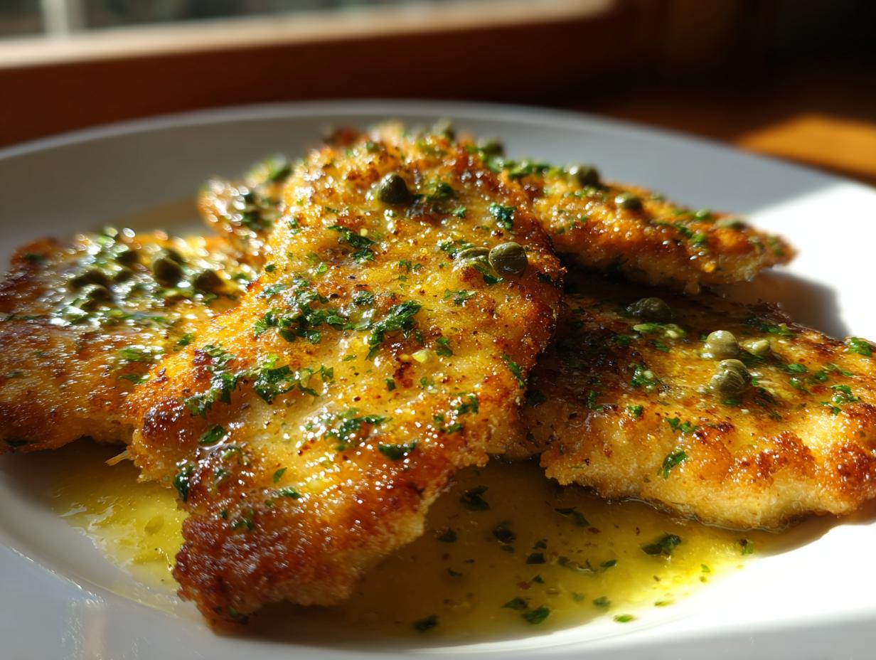 Close-up of three golden-brown chicken piccata cutlets glistening in lemon butter sauce, topped with capers and parsley.