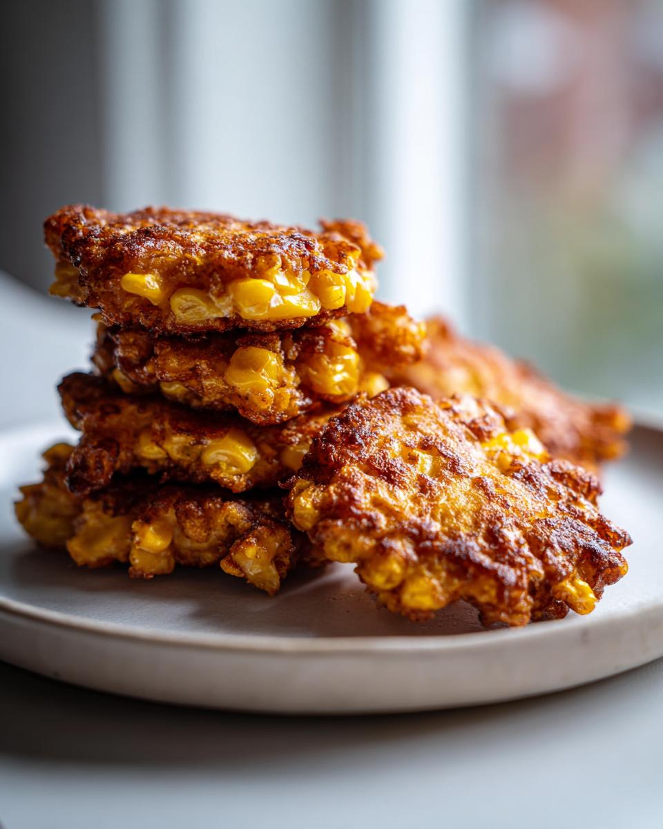 A stack of golden brown, crispy corn fritters piled high on a light gray plate.