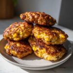 A stack of five golden brown, pan-fried corn fritters piled high on a light gray plate.