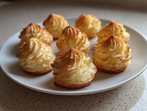 Seven perfectly piped and baked duchess potatoes with golden brown peaks arranged on a white serving plate.